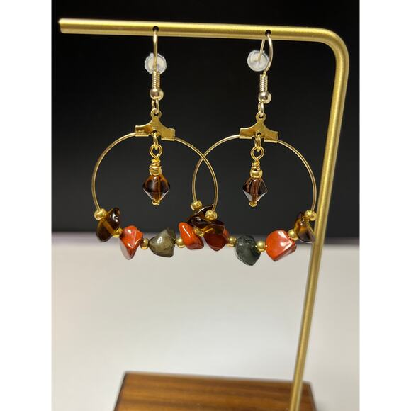 Earthy Gemstone - Glass Hoop Earrings, Gold Plated Hoops, Dangle Drop Earrings, - Picture 5 of 6